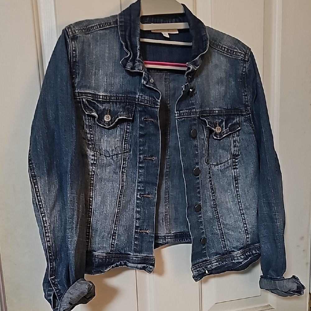 Jessica Simpson Blue Jean Jacket with Vintage Look and Contrast Stitching